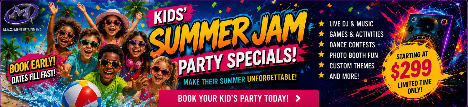 Kids' Summer Jam Party Specials banner with a diverse crowd of kids